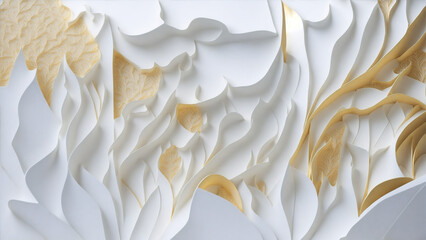 3D abstract white papercut background accentuated with delicate golden pattern halftone particle elements. 3d Combine flowing organic metalic forms with precise geometric shapes. Generative Ai.