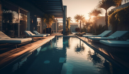 Obraz premium Luxury tourist resort with poolside relaxation, palm trees, and sunset generated by AI