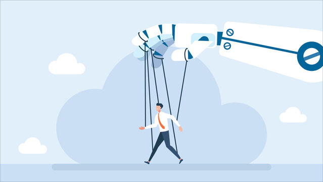 Robotic cyborg hand manipulating human puppet. Artificial intelligence. Robot controlling puppet business human. Artificial Intelligence technology concept. AI Future concept. Flat illustration