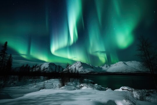 Polar lights, aurora borealis above mountains and lake.. Generative AI