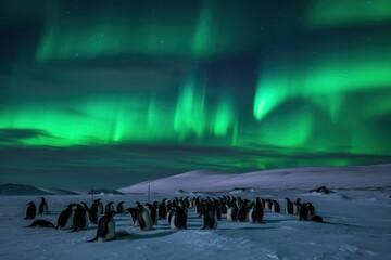 Flock of penguins and the southern lights in Antarctica, Aurora Australis. Generative AI