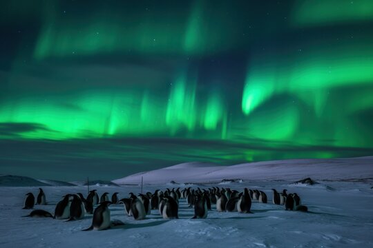 Flock Of Penguins And The Southern Lights In Antarctica, Aurora Australis. Generative AI