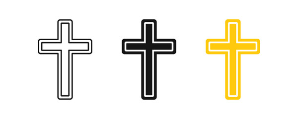 Christian cross icon. Jesus church symbol. Faith signs. Crucifix symbols. Religious icons. Black, yellow color. Vector sign.