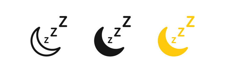 Moon sleep icon. Rest zzz symbol. Night signs. Bedtime symbols. Dream concept icons. Black, yellow color. Vector sign.