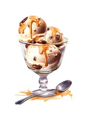 Glass of chocolate ice cream with caramel syrup on white background in watercolor style. Generative AI.