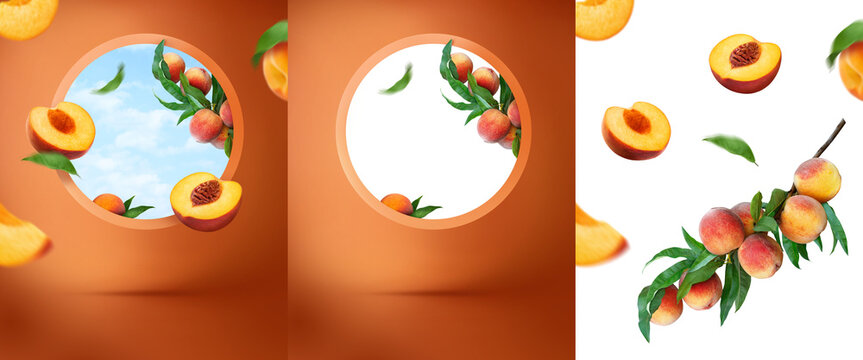 Window sky display product brown orange background peaches png fruits mockup