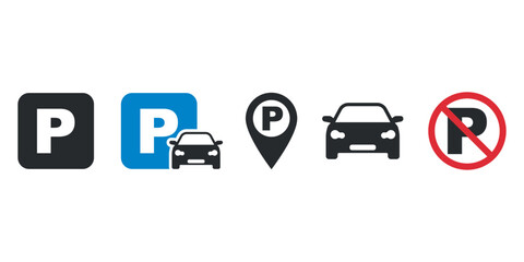 Parking icon set. Car Parking Icon. Parking and traffic signs isolated on white background. Map parking pointer. Vector illustration.
