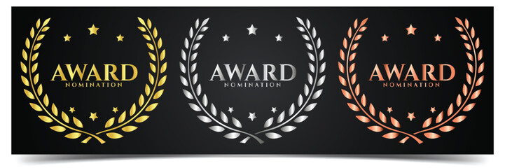 Set of gold, silver and bronze laurel wreath. Winner label, award nomination trophy and award winning symbol, leaf symbol victory leaf symbol victory with black background