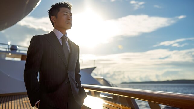 Confident businessman on luxury yacht, gazing at the ocean
