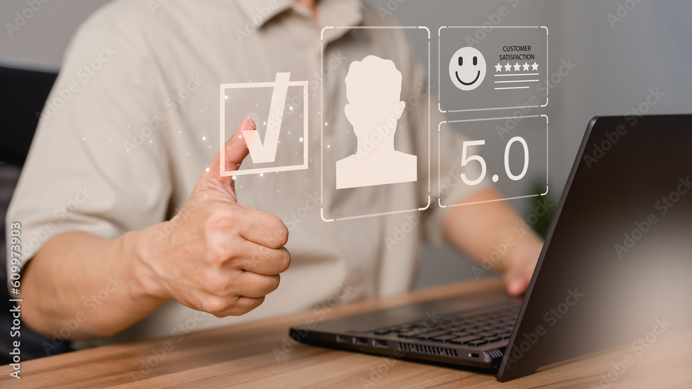 Poster customer man are touching the virtual screen on the happy smile face icon to give satisfaction in se