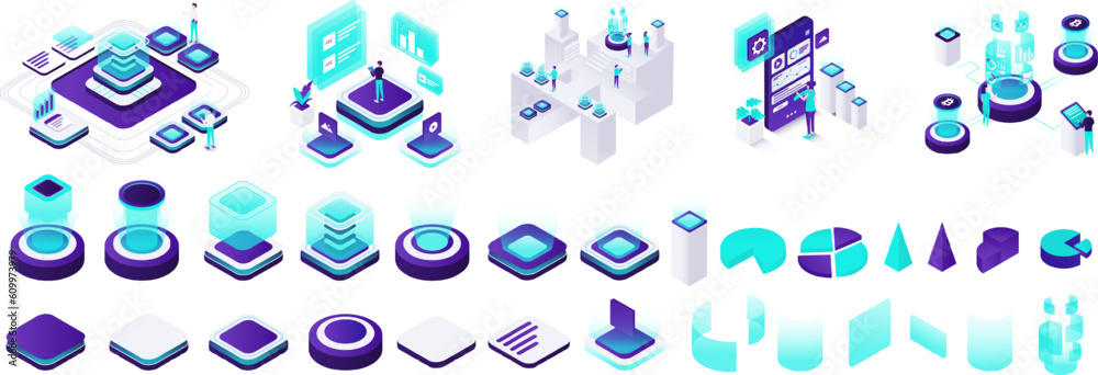 Wall mural set of isometric illustrations. isometric set of bright concepts on the theme of future technologies