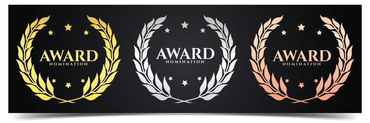 Set of gold, silver and bronze laurel wreath. Winner label, award nomination trophy and award winning symbol, leaf symbol victory leaf symbol victory with black background. Vector illustration