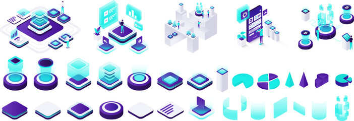 Set of isometric illustrations. Isometric set of bright concepts on the theme of future technologies. Startup, digital marketing, seo analysis and cloud technology. Set of vector isometric elements