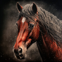 Fototapeta na wymiar portrait of a brown horse with a wise look into the camera created with Generative Ai technology