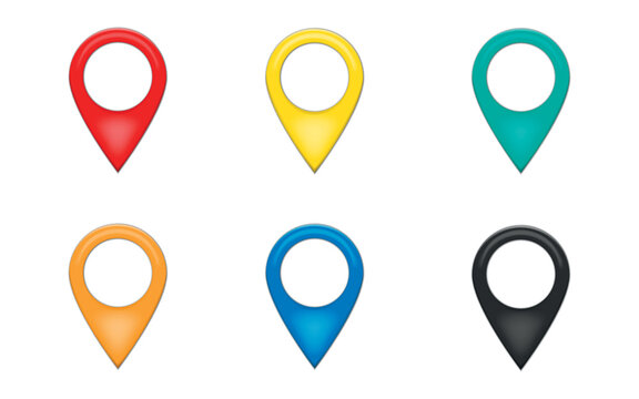 Shiny colorful metal realistic map pointers vector set in various angles. Map pointer 3d pin. Location symbols.