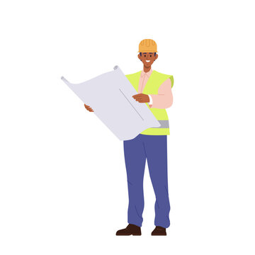 Construction engineer or architect supervisor cartoon male character holding project blueprint