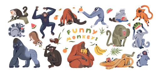 Cute funny monkeys set. Happy exptic jungle characters, apes species. Amusing adorable primates, gorilla, chimpanzee, capuchin, orangutan. Flat vector illustrations isolated on white background © Paper Trident