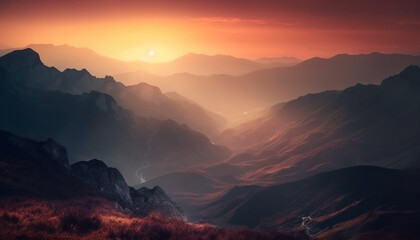 Majestic mountain range, tranquil sunrise, panoramic beauty in nature generated by AI