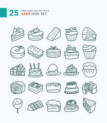Set of Cake Icon Line Art Style. Sponge, birthday cake, brownies, chocolate.