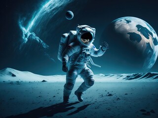 Fototapeta premium astronaut playing football on the moon. ai generative