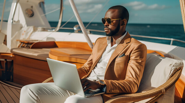 A fictional person. Serene Businessman Working on Laptop Aboard Luxurious Yacht
