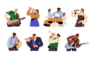 Musicians set. Music players playing on instruments, vocalist singing. People performing on guitar, saxophone, violin, drums and flute. Flat graphic vector illustrations isolated on white background
