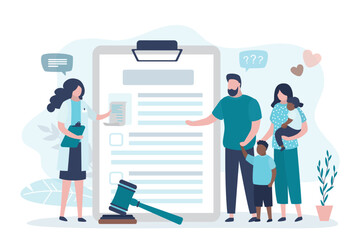 Happy multiethnic family, parents with two children. Love couple with kids standing near adoption agreement. Social worker give adoption application.