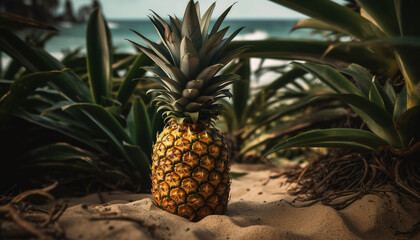 Fototapeta premium Ripe pineapple on green leaf, symbol of tropical freshness generated by AI