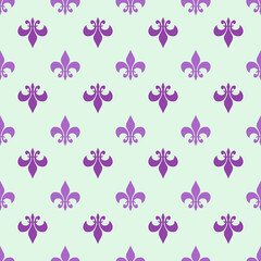 Mardi Gras Carnival seamless pattern with purple and green fleur-de-lis. Mardi Gras endless on green background, texture, wrapper.	
