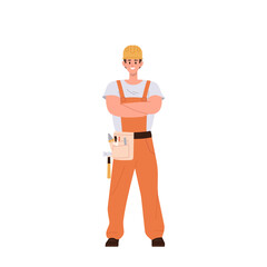 Fototapeta na wymiar Happy smiling multi-armed young man builder cartoon character wearing overalls with tools on belt