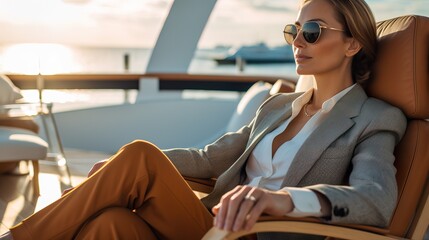 A fictional person. Elegant Businesswoman Engaged in Phone Conversation on Yacht Deck