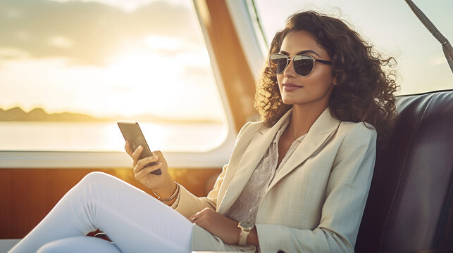 A fictional person. Elegant Businesswoman Engaged in Phone Conversation on Yacht Deck