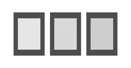 In a cage, ruler and blank sheets of paper notebook or notebook with perforation and without, set of vector realistic paper sheets.