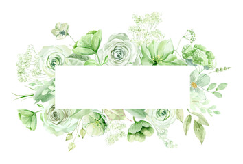 Wedding invitation frame. Vector watercolor greenery leaf and branch, frame, border, Green leaf Wreath, greenery branches, green flowers, green roses wreaths EPS
