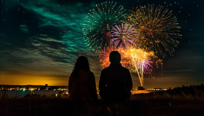 Fourth of July celebration Men and women enjoy firework display generated by AI
