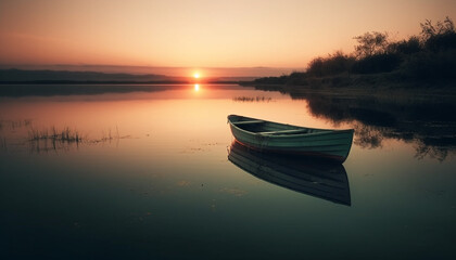 Tranquil sunset on water, nautical vessel reflects beauty in nature generated by AI