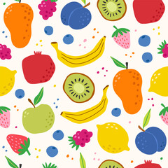 Vector fruits seamless pattern. Summer sweet food background. Hand draw texture, pomegranate, lemon, berries and tropical fruit, cute doodle drawing, bright fashion print.