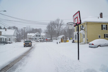 Street with the snow in the town of Saco, Maine