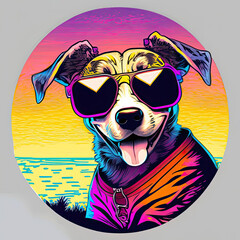 Happy Dog Wearing Sunglasess synthwave tshirt vector enclsoed in a circle sunset conto