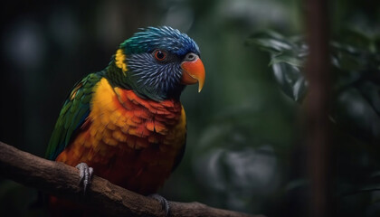 Vibrant macaw perching on branch, feathers multi colored and beautiful generated by AI