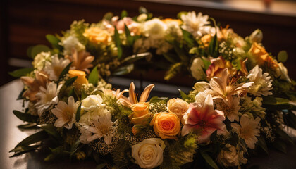 Ornate bouquet of multi colored flowers brings elegance to wedding celebration generated by AI