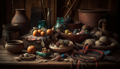 Fototapeta premium Rustic pottery bowl with homemade pumpkin decoration on old table generated by AI
