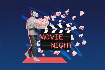 Creative collage of cheerful black white colors guy arms hold huge popcorn bowl movie night clapper...