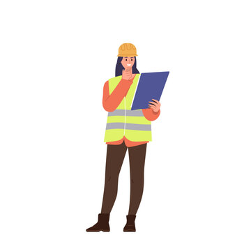 Pensive smiling woman construction site engineer cartoon female worker character looking at contract