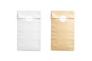 Blank white and craft rectangle paper bag with sticker mockup