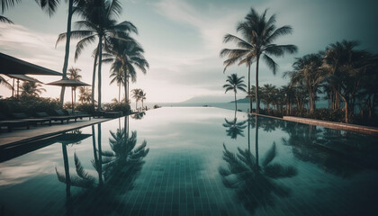 Fototapeta na wymiar Tranquil scene of palm trees and water at tropical resort generated by AI