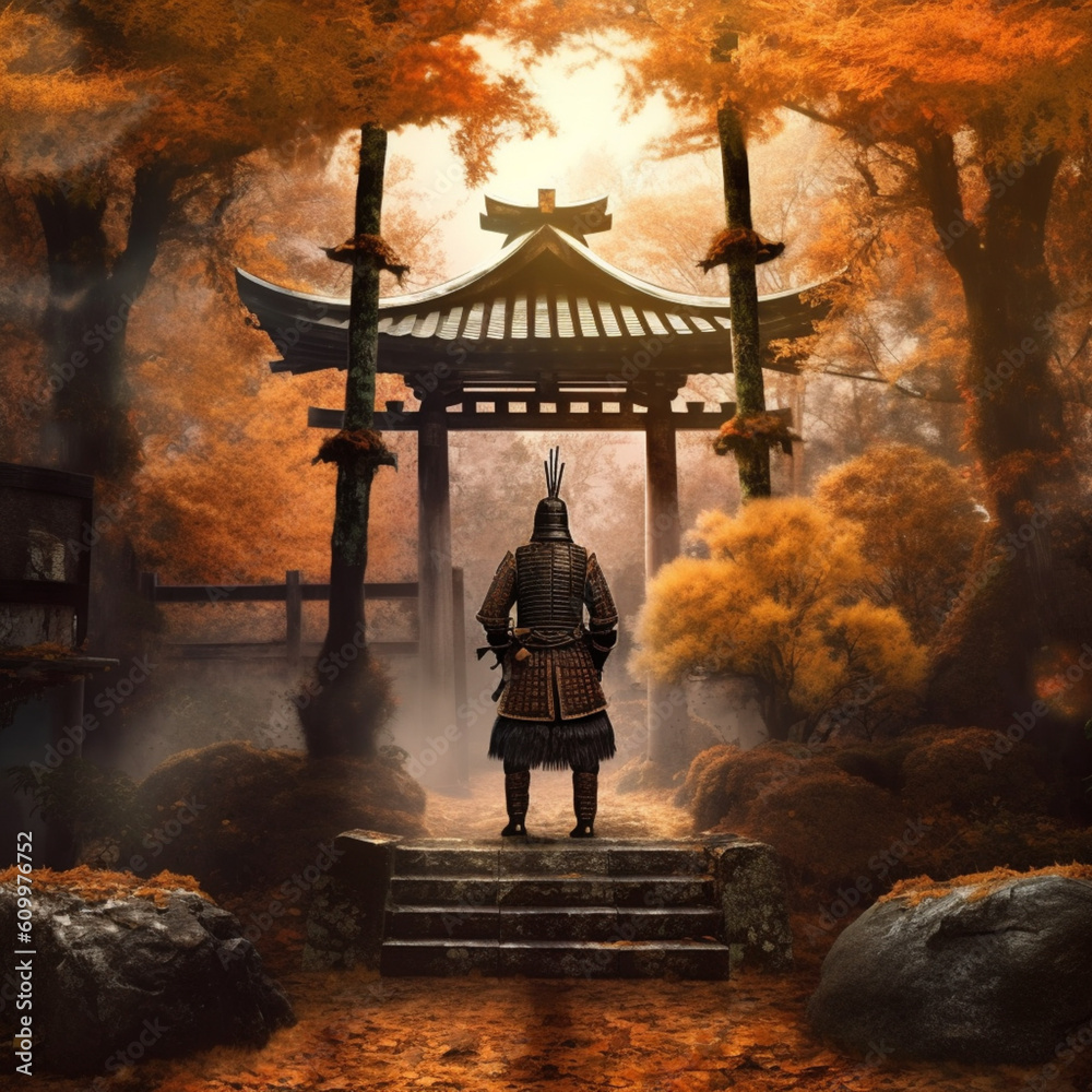 Sticker samurai in garden of autumn