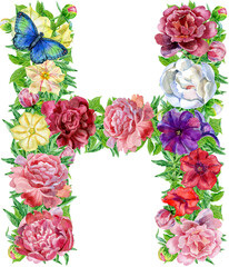 Letter of watercolor flowers. Cyrillic Russian font alphabet. 15