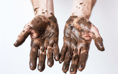 Dirty hands of a person on white background. Generative AI technology.