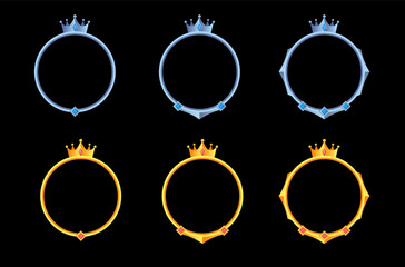 set collection circle golden and silver frames for rpg game avatars, border game with crown decorations in medieval style - obrazy, fototapety, plakaty